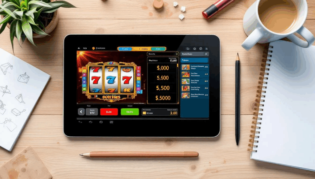 In this image, a person is using a tablet to design a slot game, surrounded by sketches and notes that illustrate game mechanics and features. The scene highlights the importance of productivity in the slot game development process, showcasing tools and resources that game designers can utilize to create engaging casino games.