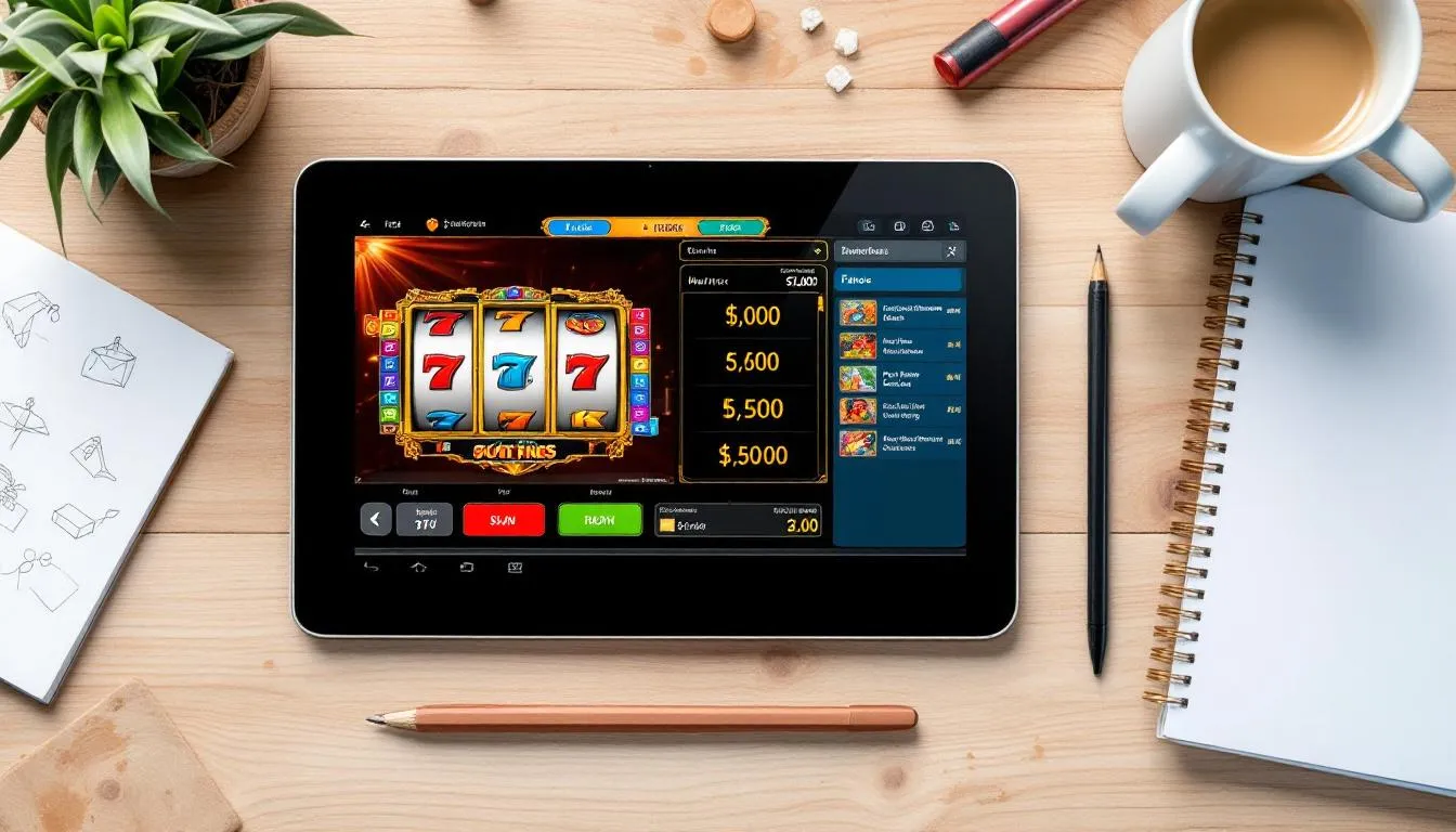 In this image, a person is using a tablet to design a slot game, surrounded by sketches and notes that illustrate game mechanics and features. The scene highlights the importance of productivity in the slot game development process, showcasing tools and resources that game designers can utilize to create engaging casino games.