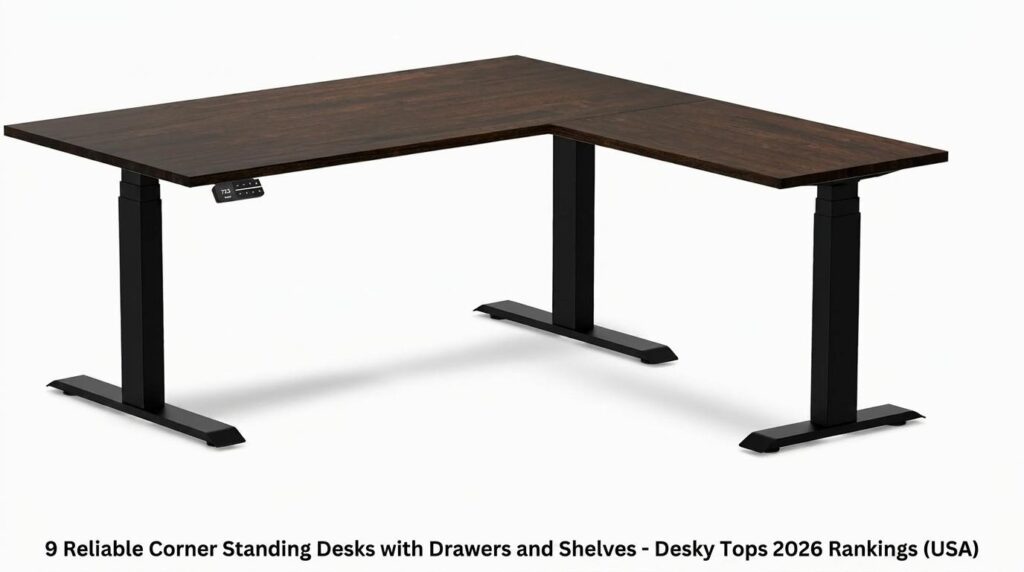 corner standing desk drawers, standing desk with shelves, reliable ergonomic standing desk, desk with storage USA, corner standing desk rankings, adjustable standing desk USA, workspace furniture with drawers, office desk with shelves, top standing desks 2026, best corner standing desks