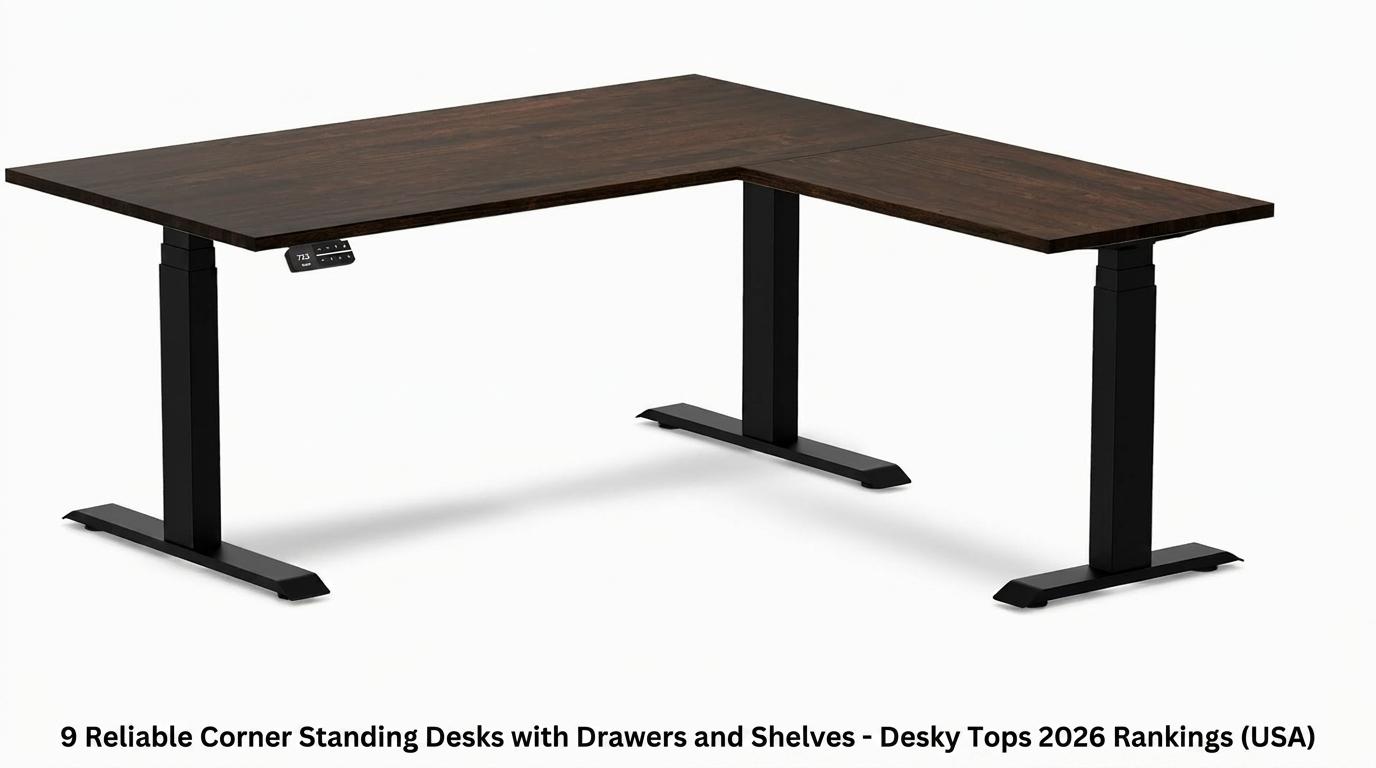corner standing desk drawers, standing desk with shelves, reliable ergonomic standing desk, desk with storage USA, corner standing desk rankings, adjustable standing desk USA, workspace furniture with drawers, office desk with shelves, top standing desks 2026, best corner standing desks